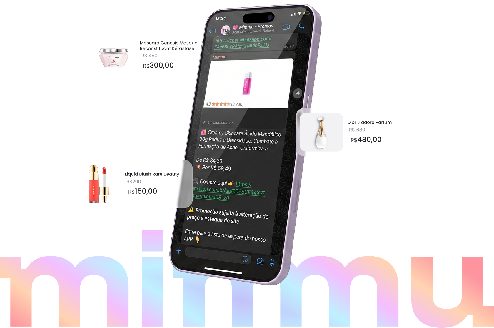 mimmu no celular com destaques de produtos de beleza